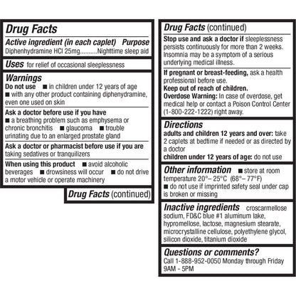 Back label of HealthA2Z sleep aid listing complete inactive ingredients and medical warnings