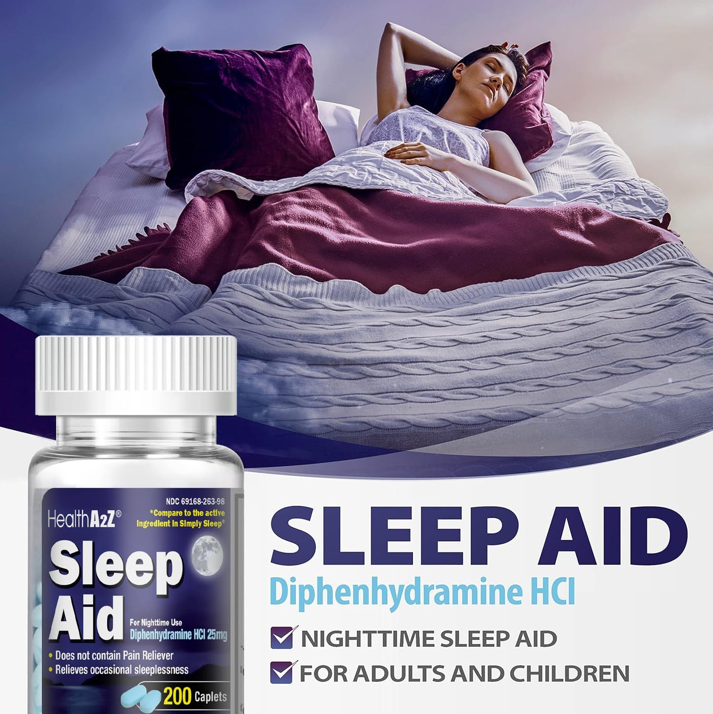 Close-up of authentic USA imported HealthA2Z regular strength sleep support capsule form factors