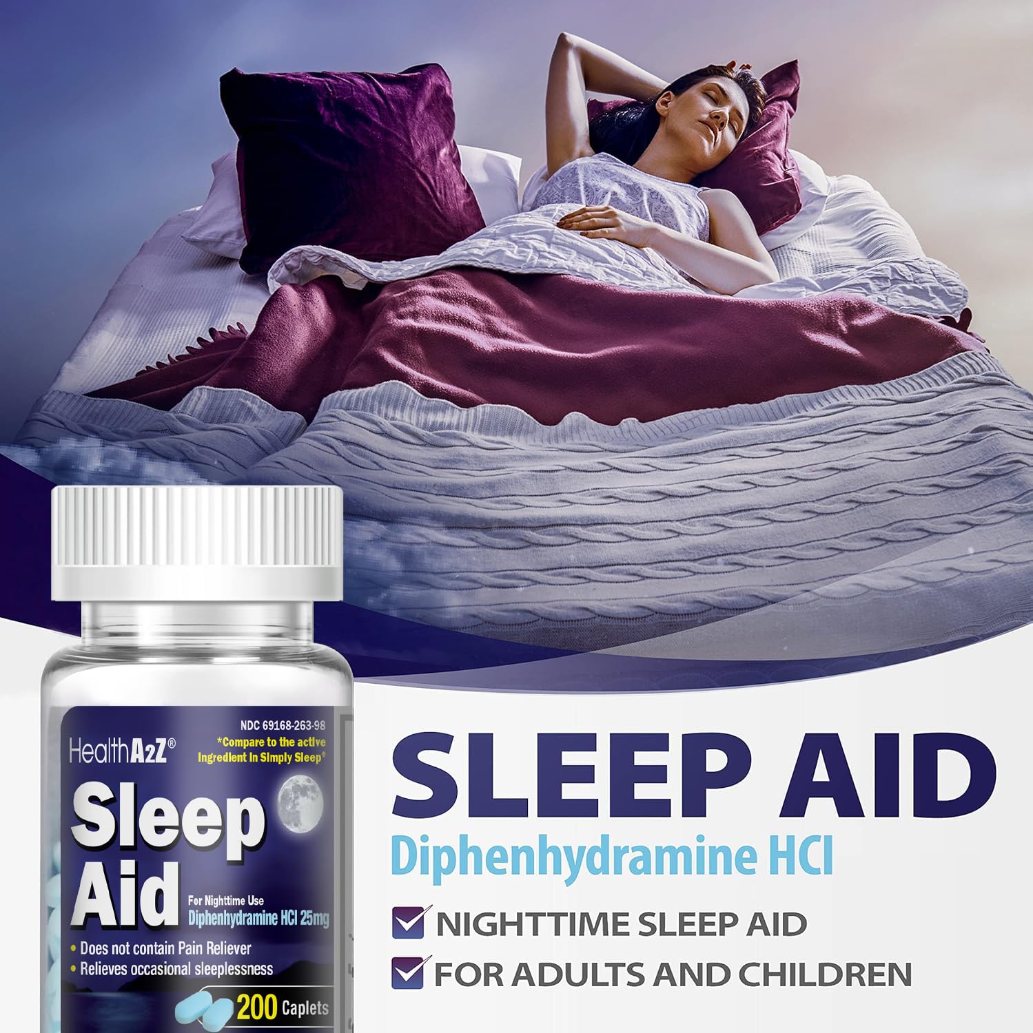 Close-up of authentic USA imported HealthA2Z regular strength sleep support capsule form factors