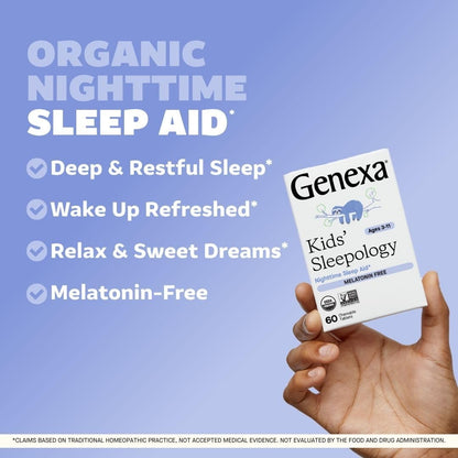 Genexa Kids Sleepology medicine bottle showcasing the melatonin free and vanilla lavender flavor label icons.