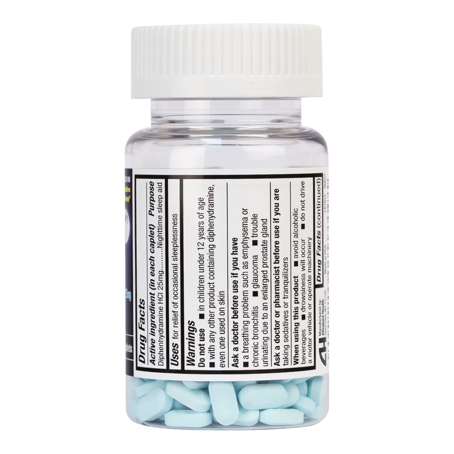 Angled perspective of HealthA2Z blue sleep aid caplets bottle highlighting safety seal protection