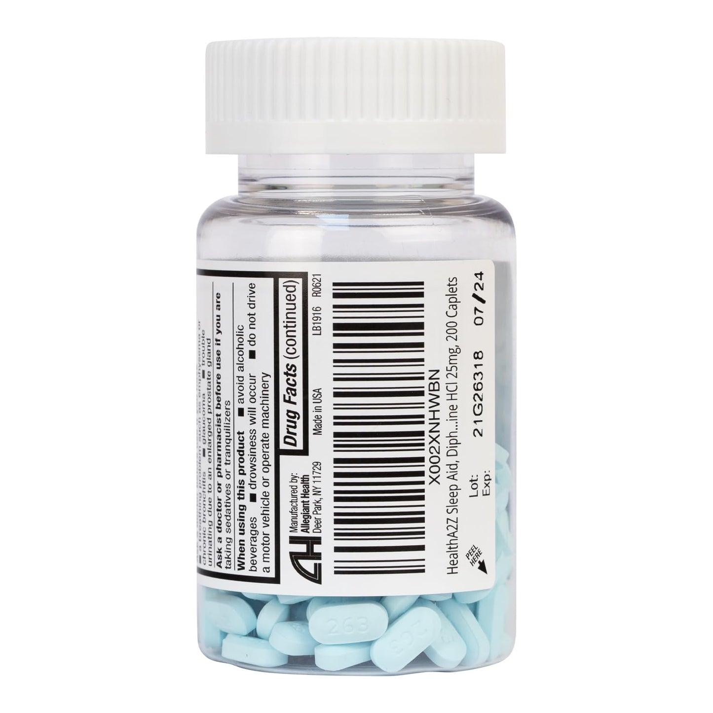 HealthA2Z twenty-five milligram diphenhydramine tablets container for occasional sleeplessness relief