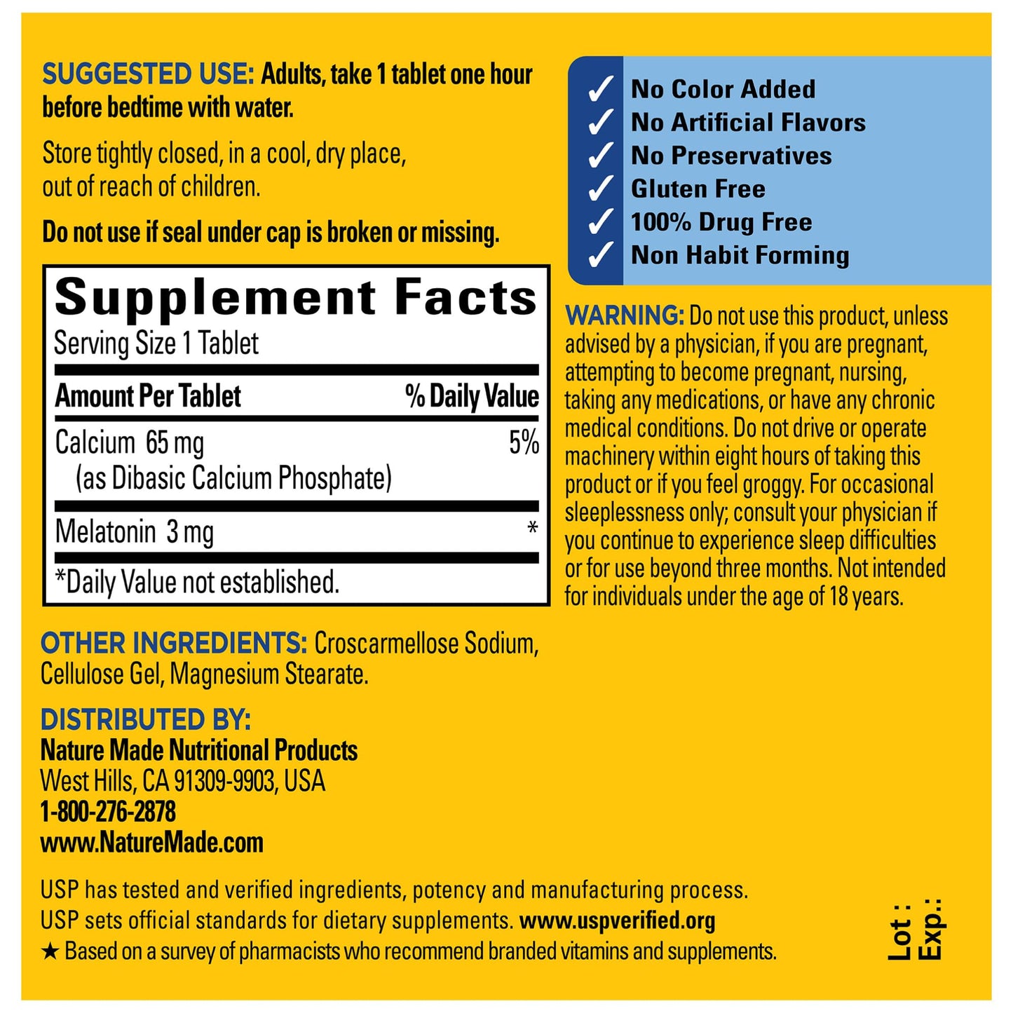 Nature Made non habit forming melatonin 3 mg tablets bottle reverse side instructions