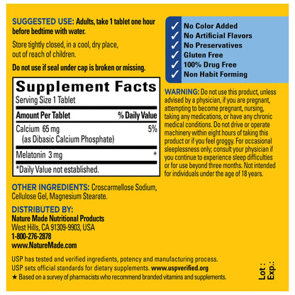 Nature Made non habit forming melatonin 3 mg tablets bottle reverse side instructions