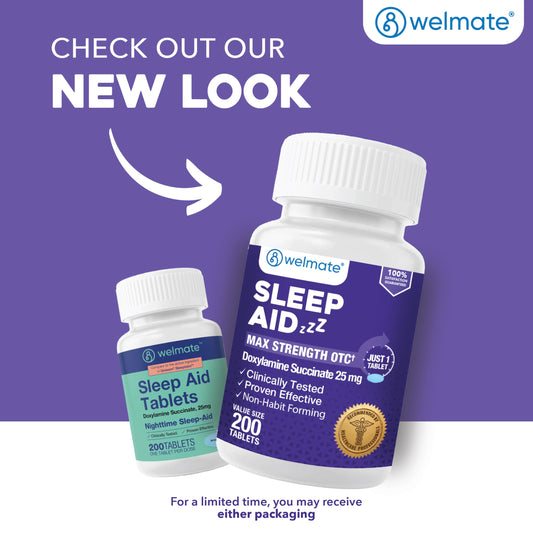 Welmate Doxylamine Succinate 25mg sleeping pills label details