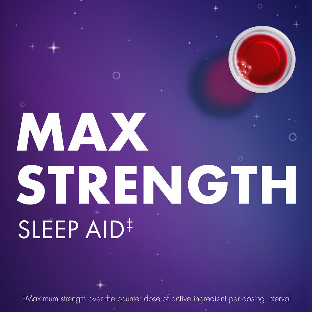 Imported liquid sleep aid bottle displaying active ingredients and diphenhydramine strength.