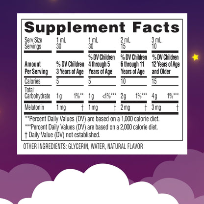 Zarbee's children's melatonin liquid ingredient panel and directions side