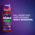 Close up of non habit forming liquid sleep solution with its included measuring cup.
