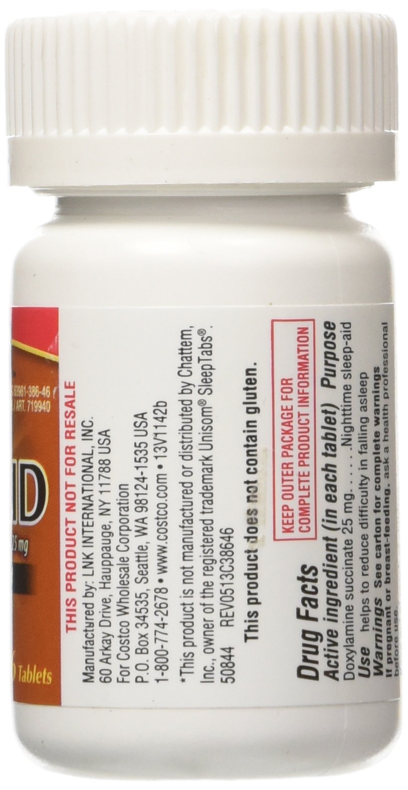 Kirkland Signature Doxylamine Succinate 25 milligram tablets ingredient label and directions