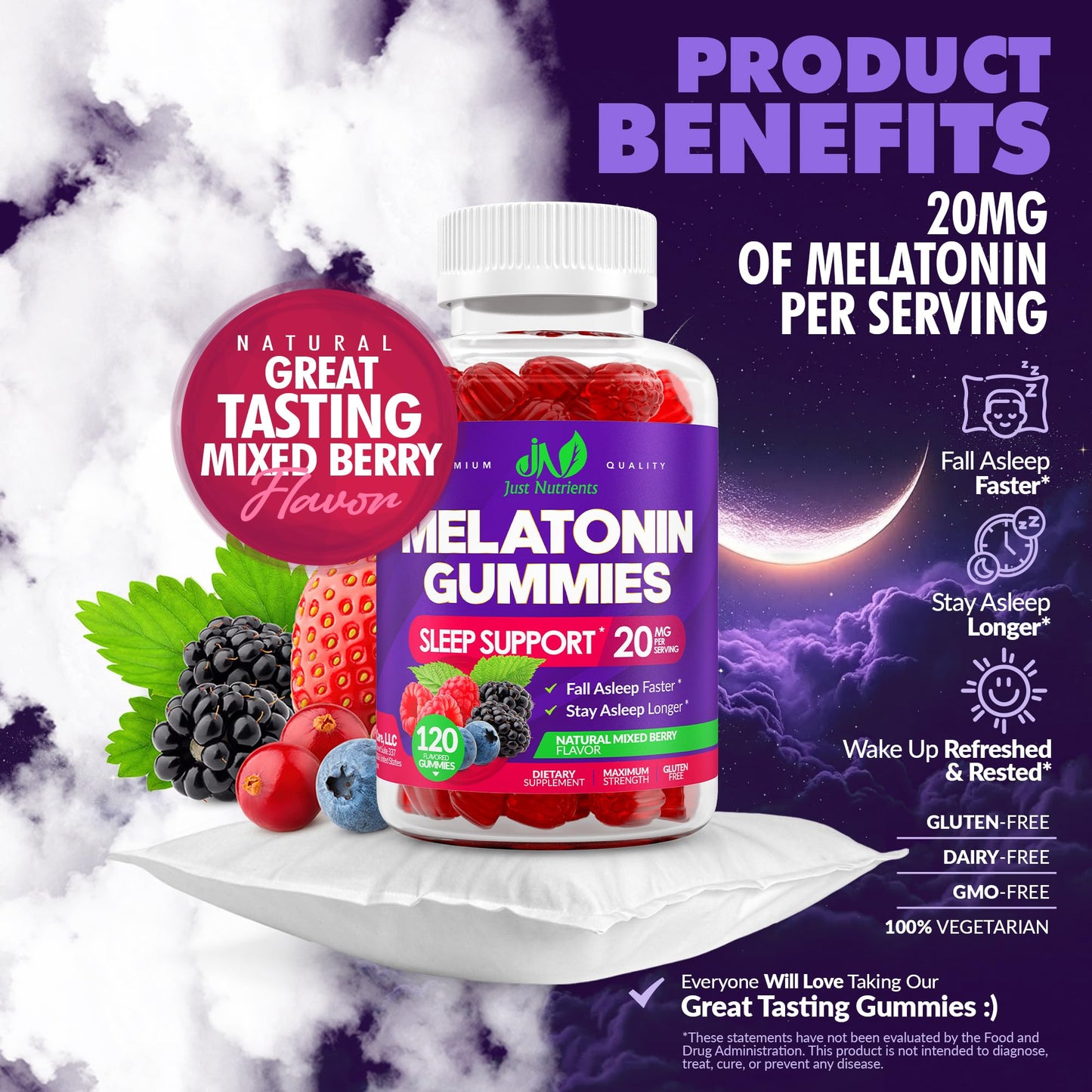 Gluten free mixed berry flavor melatonin gummies supplement information label