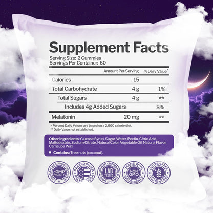 Close up view of red berry flavored melatonin 10mg per gummy