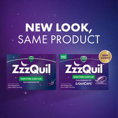 ZzzQuil 25 mg diphenhydramine liquid capsules supplement facts and drug label closeup.