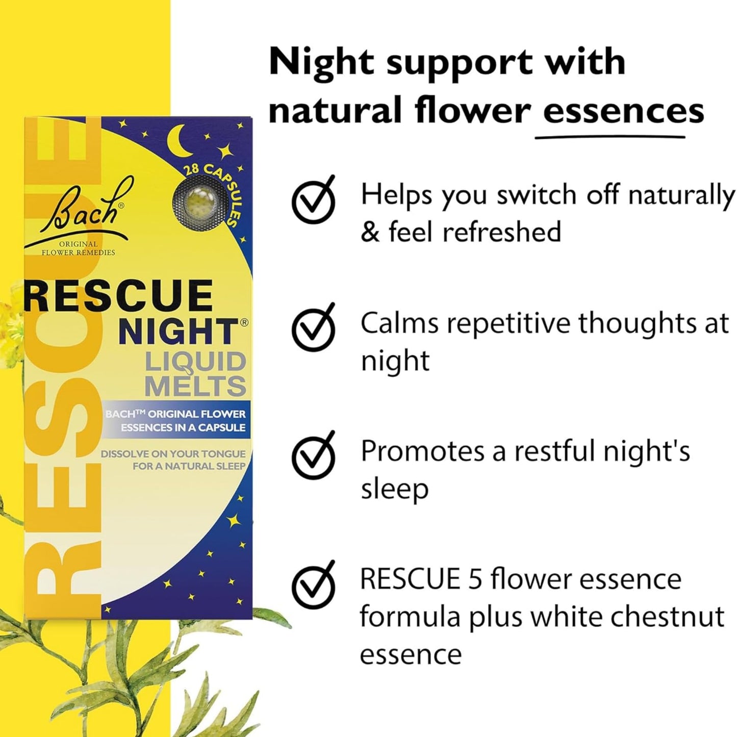 Back label of Bach Rescue Night Liquid Melts showing flower essence ingredients