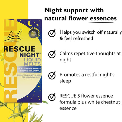 Back label of Bach Rescue Night Liquid Melts showing flower essence ingredients