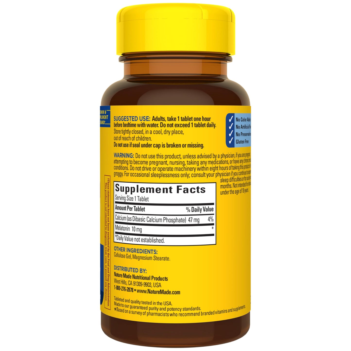 Nature Made Melatonin 70 tablets packaging showing gluten free and no artificial flavor icons