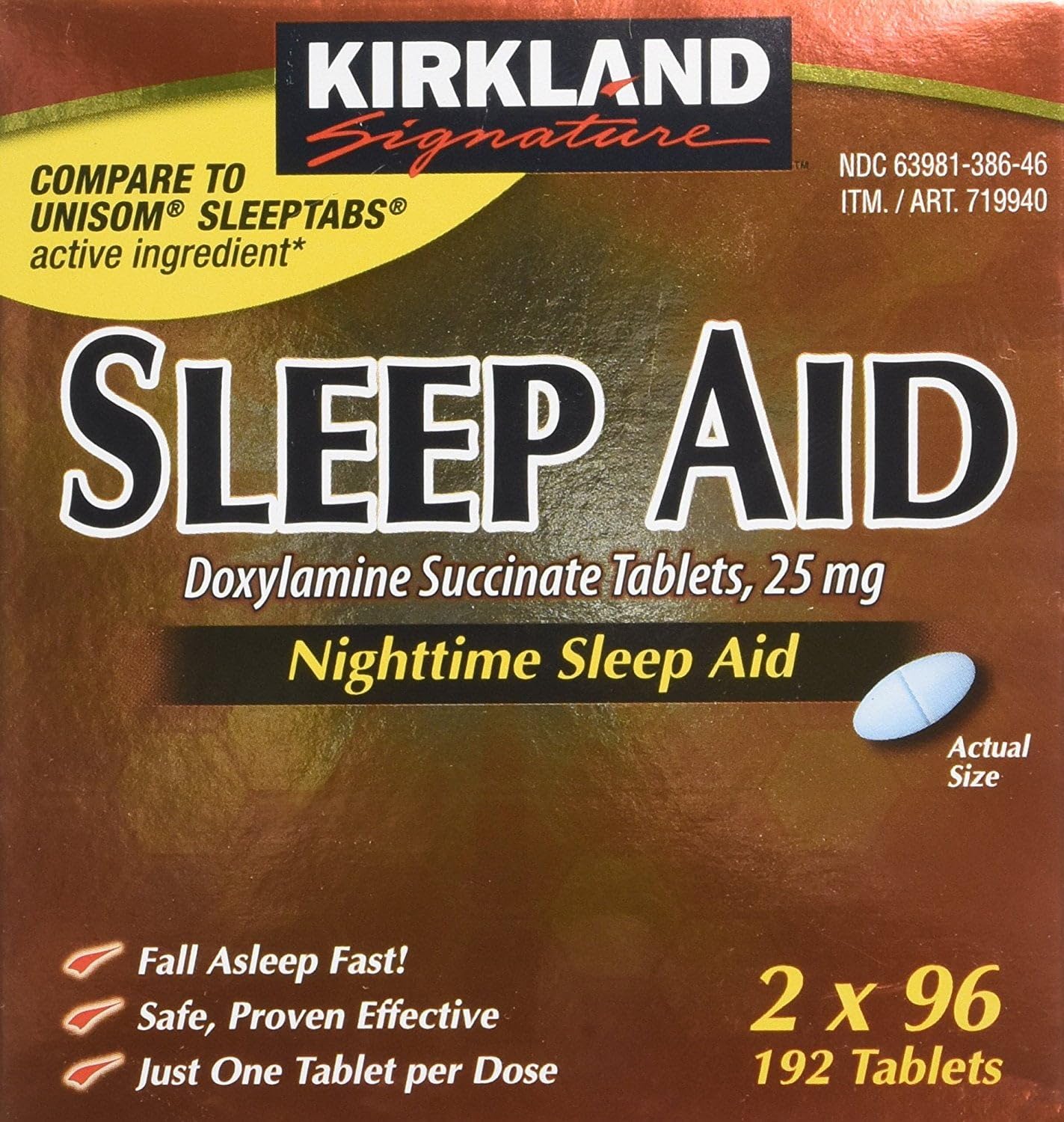 Kirkland Signature Nighttime Sleep Aid bottle label detailing active ingredient doxylamine succinate twenty five milligrams dosage instructions