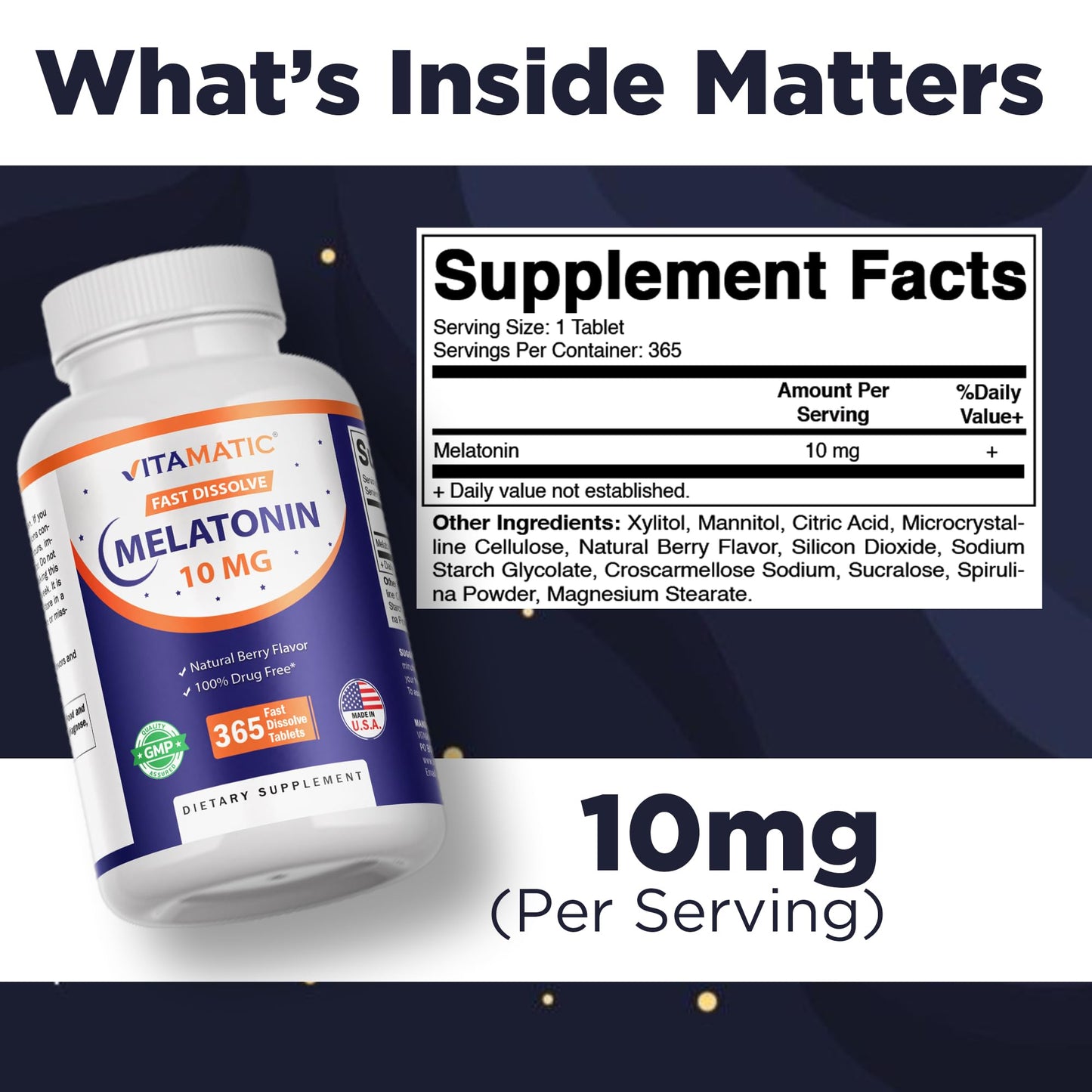 Vitamatic fast dissolve sleep supplement bottle labels and facts