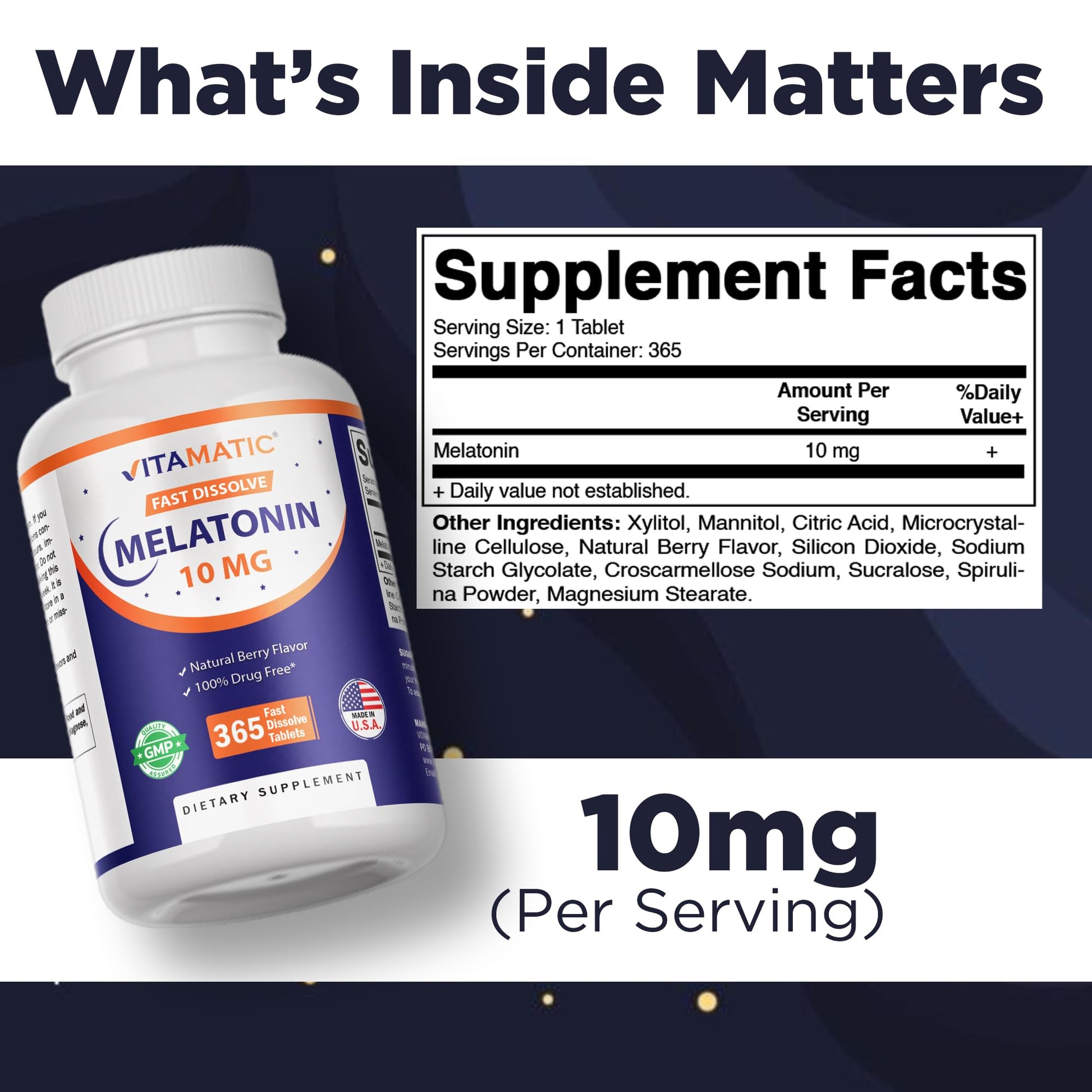 Vitamatic fast dissolve sleep supplement bottle labels and facts