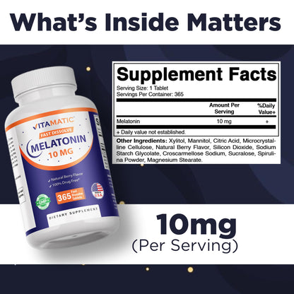 Vitamatic fast dissolve sleep supplement bottle labels and facts