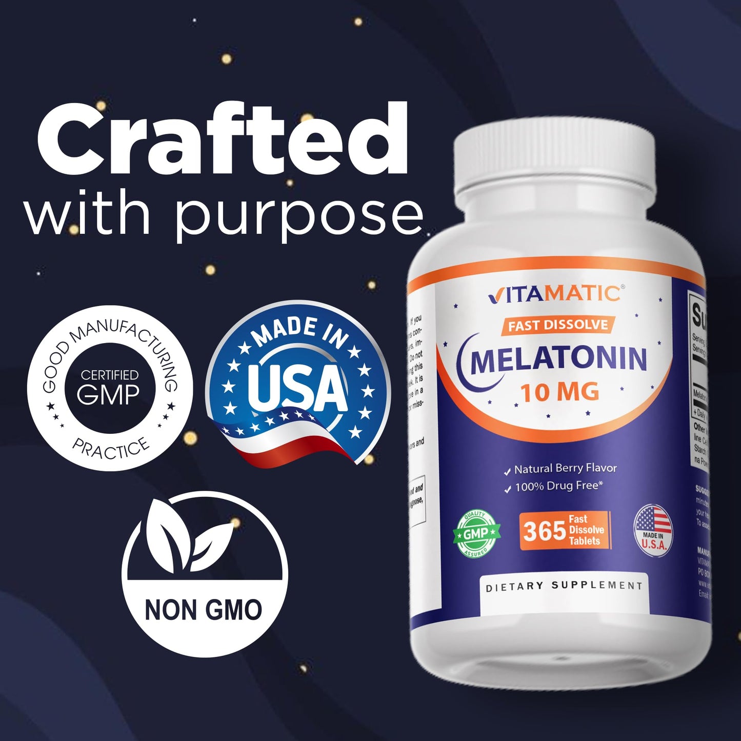 Vegetarian non GMO gluten free melatonin pills from Vitamatic
