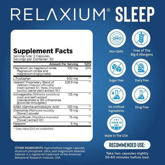 Relaxium Gentle Sleep Supplement 60 vegan capsules dietary facts
