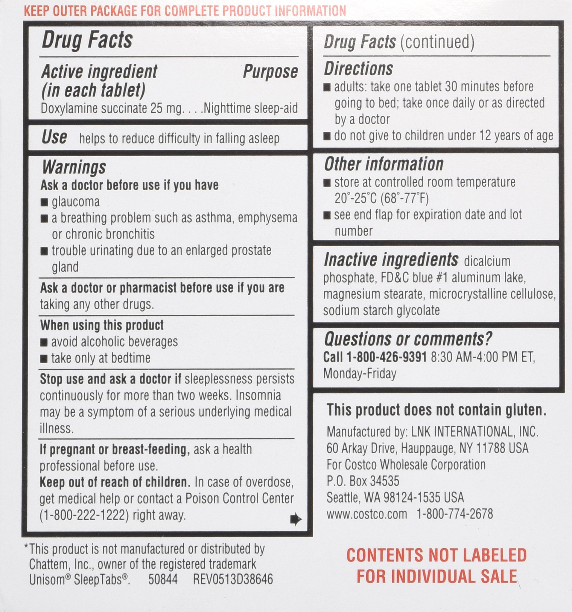 Kirkland Signature Doxylamine Succinate 25 mg two bottle value pack showing product details.