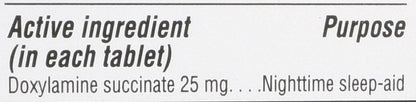 Kirkland Signature non-habit forming nighttime sleep aid bottle label with ingredients list.