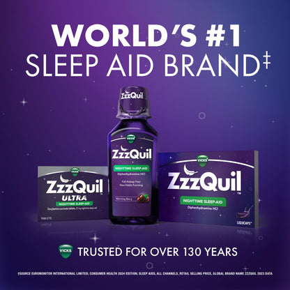 Authentic ZzzQuil over the counter sleep relief bottle angle view