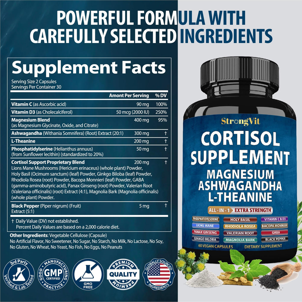 Premium StrongVit cortisol control vitamins lifestyle bottle view.