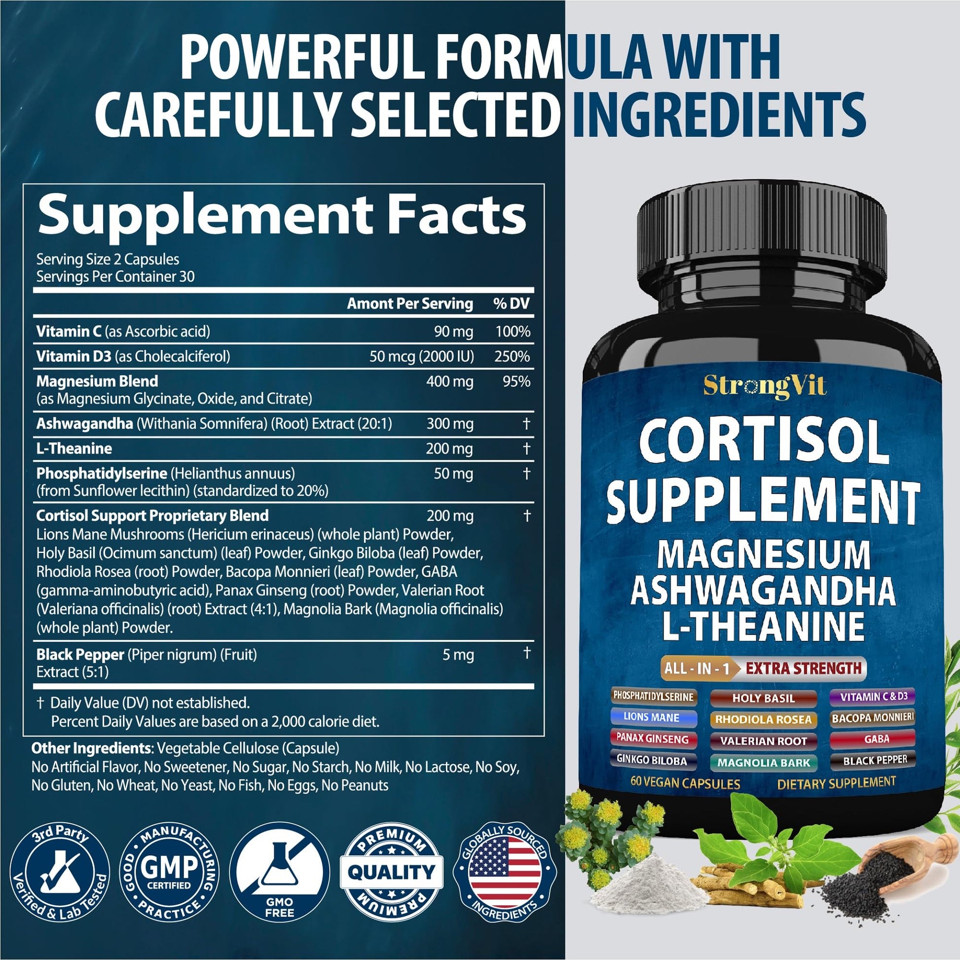Premium StrongVit cortisol control vitamins lifestyle bottle view.