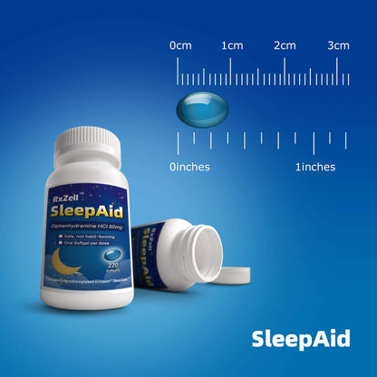 Side profile of non habit forming sleep support bottle by RXZELL brand.