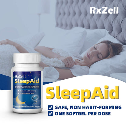 Easy to swallow liquid filled softgels displayed next to the imported packaging.