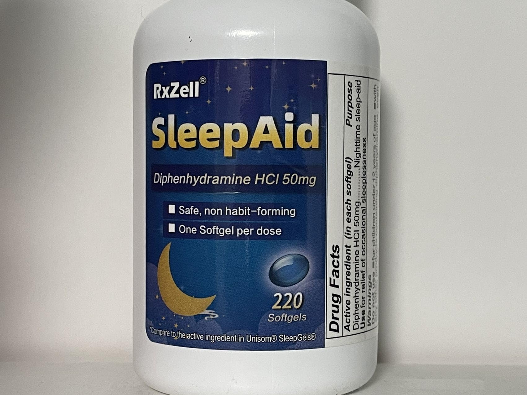 RXZELL maximum strength 220 count sleeping supplement bottle base with expiry date information.
