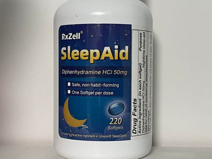 RXZELL maximum strength 220 count sleeping supplement bottle base with expiry date information.