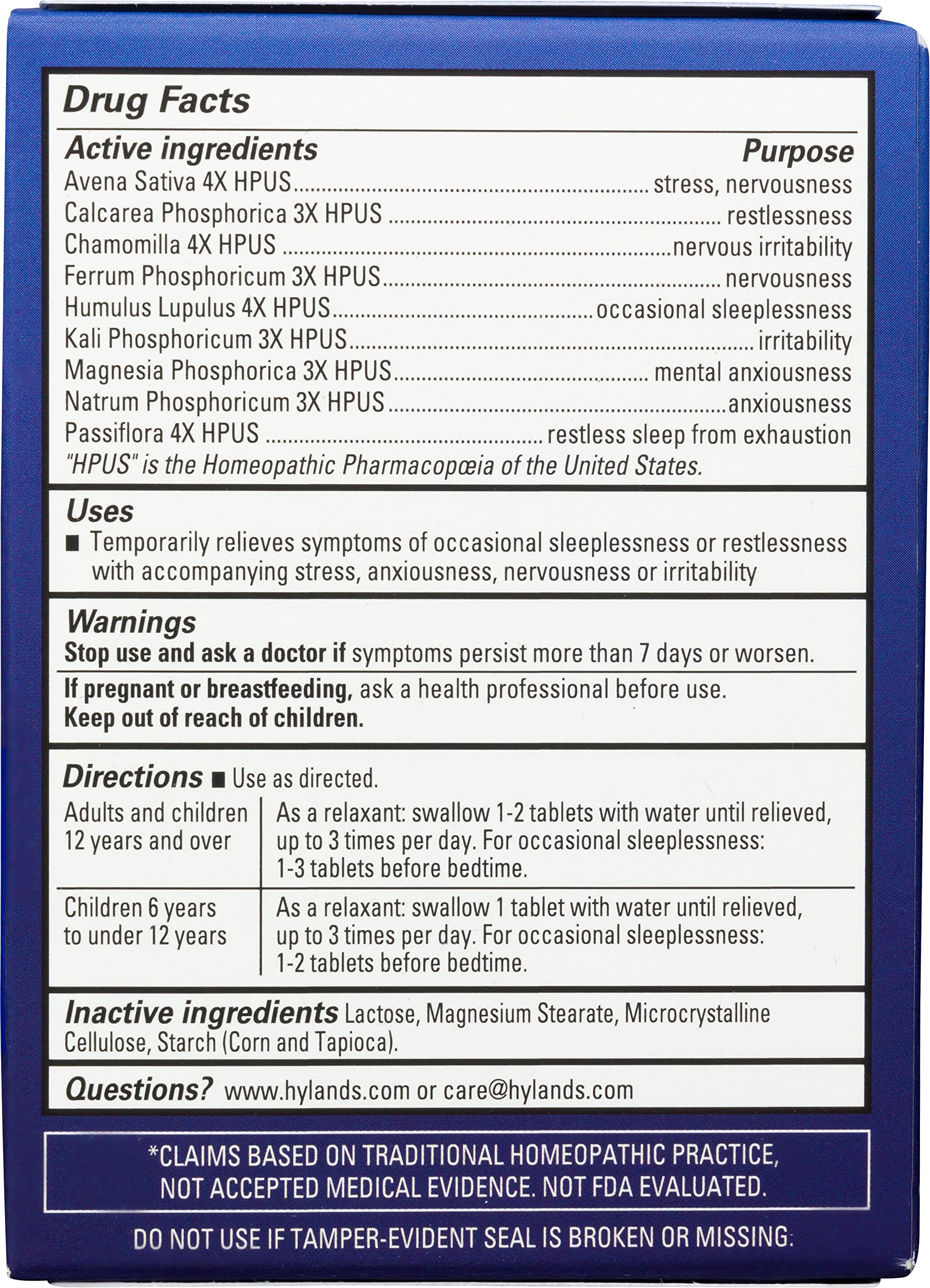 Close-up of the non-habit forming warning and directions for use on Hyland's Calms Forte packaging