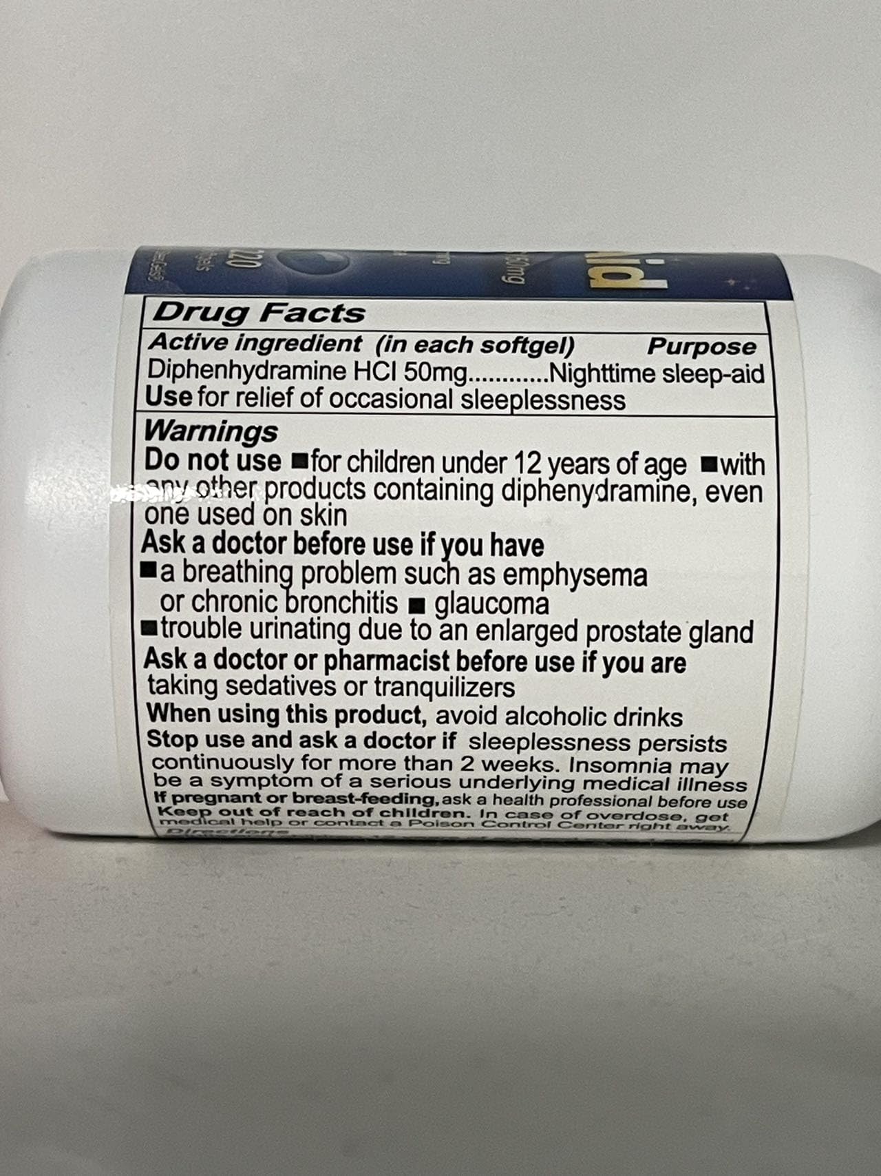 Adult nighttime sleep aid bottle mockup showing standard dosage directions.