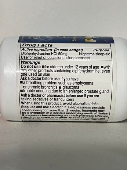 Adult nighttime sleep aid bottle mockup showing standard dosage directions.