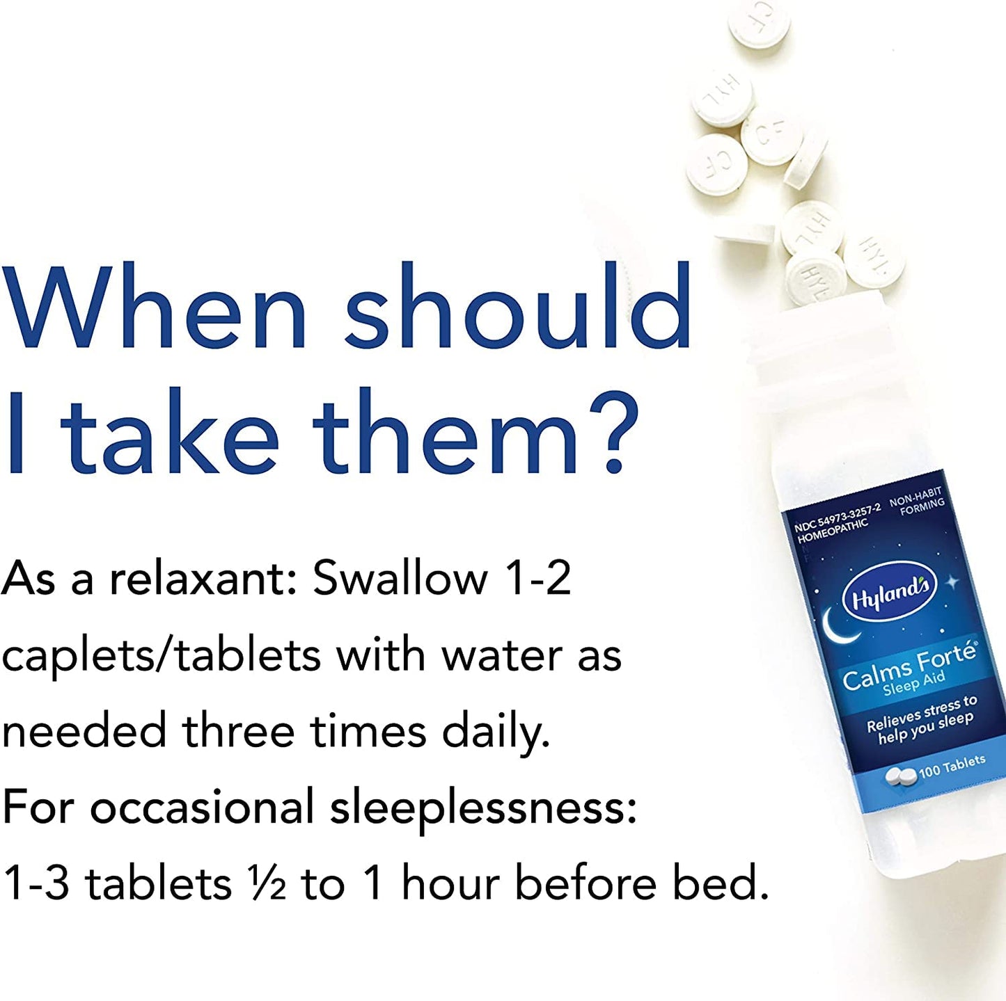 Hyland's Calms Forte easy to swallow tablets displayed next to its original cardboard box