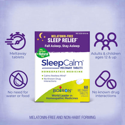 Boiron SleepCalm unflavored non habit forming tablets box detail