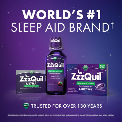 Adult sleep support capsule medical labels and daily dosage instructions on authentic ZzzQuil container
