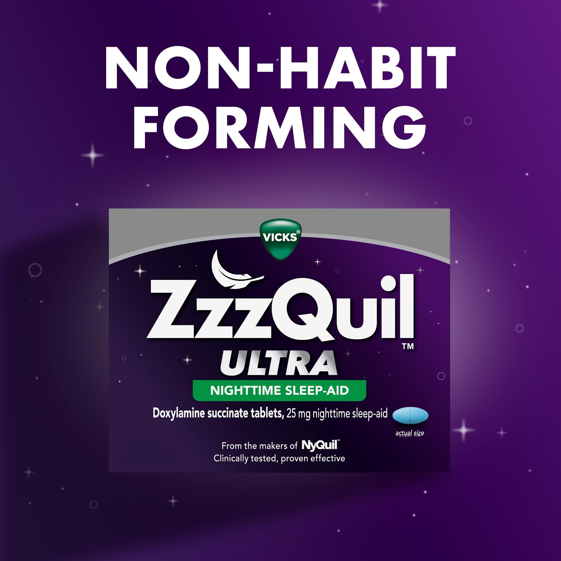 Vicks ZzzQuil Ultra doxylamine succinate 25mg medication bottle on a nightstand