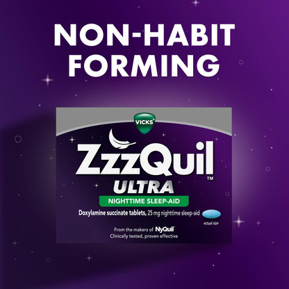 Vicks ZzzQuil Ultra doxylamine succinate 25mg medication bottle on a nightstand