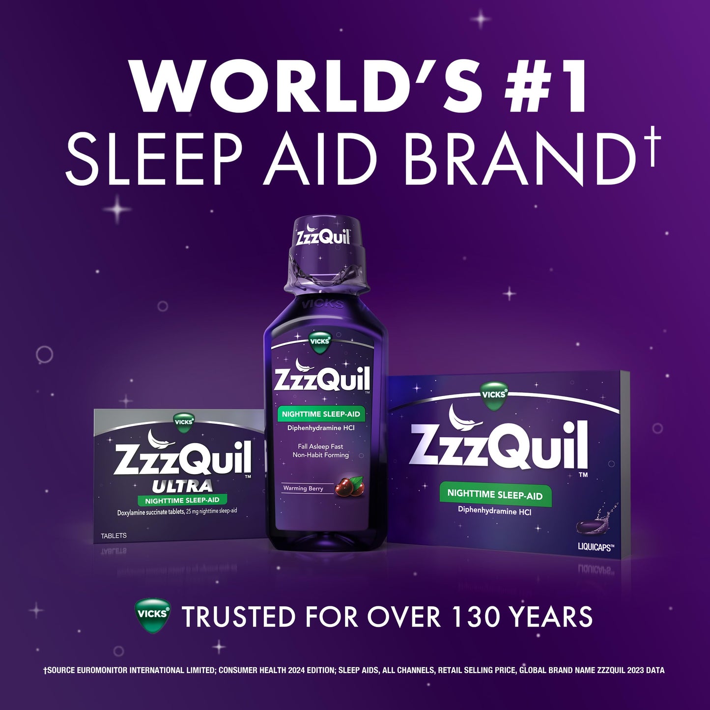 Close up view of ZzzQuil Ultra 48 tablets box detailing sleep duration clinical benefits