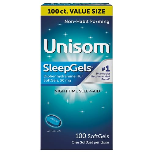 Unisom liquid filled softgels 50mg side view showing active ingredient information.