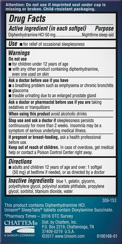 Authentic USA imported Unisom sleep medicine bottle displaying full dosage directions.