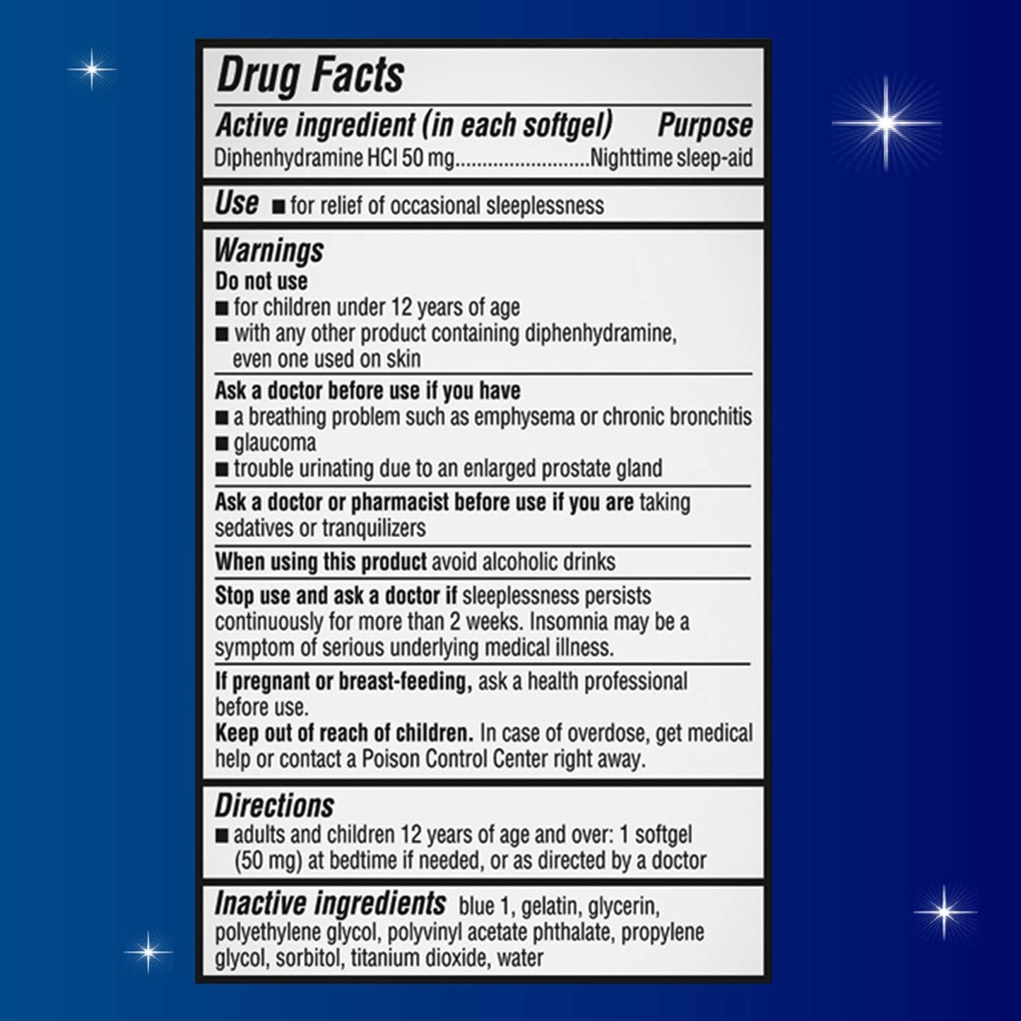 Unisom diphenhydramine hydrochloride sleep support capsules packaging details close up.