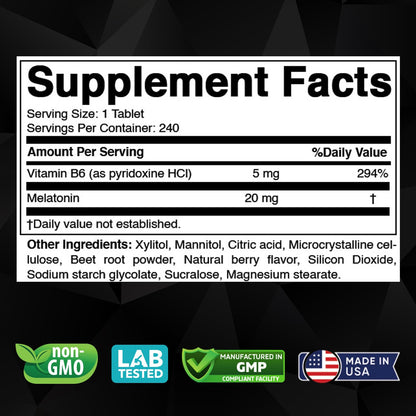 Vitabod high potency sleep supplement berry flavor tablets showing product facts and directions.