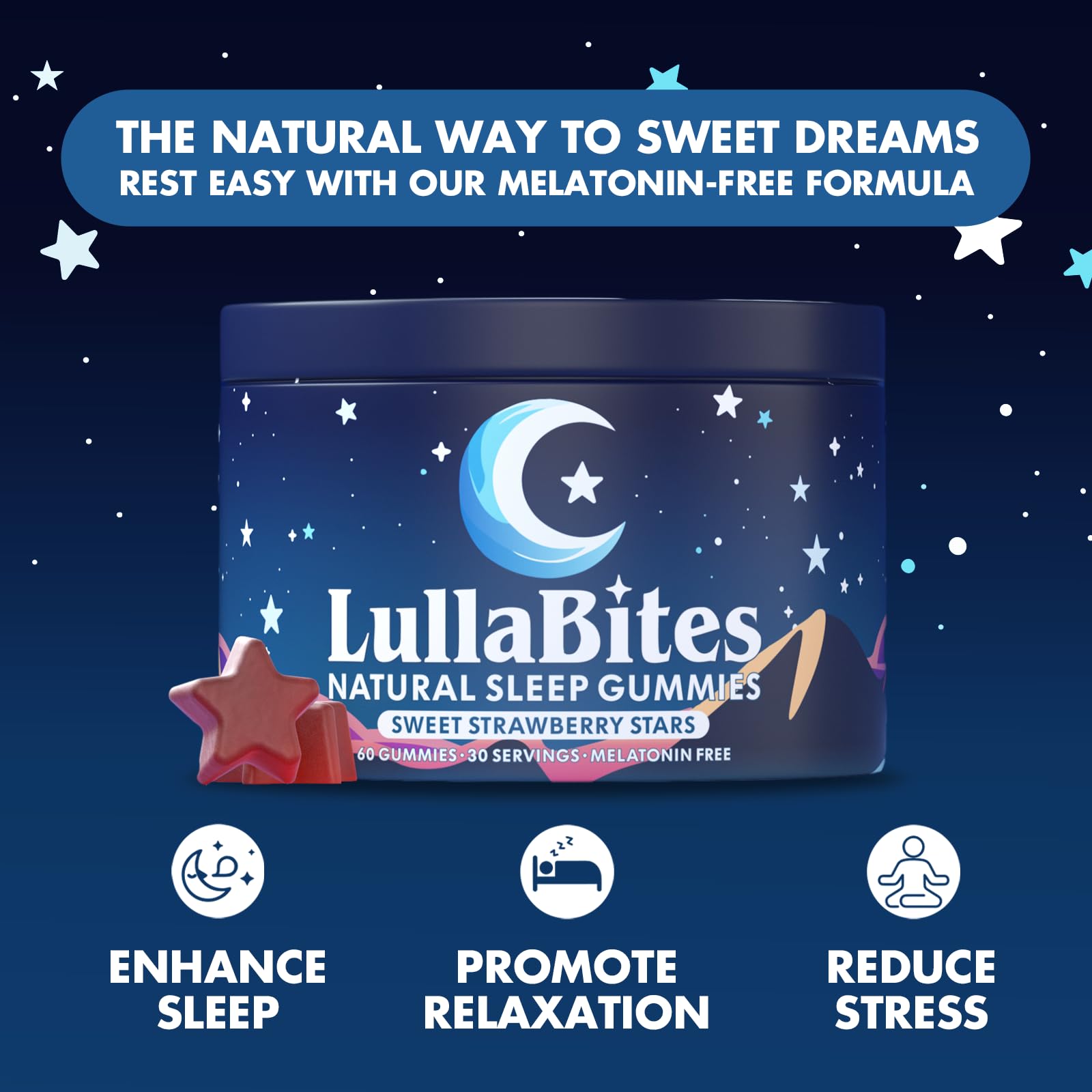 LullaBites dietary supplement back label showing five HTP L Theanine and magnesium ingredients