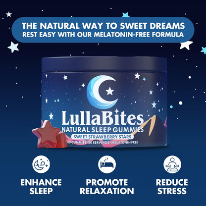LullaBites dietary supplement back label showing five HTP L Theanine and magnesium ingredients