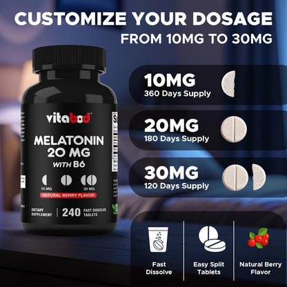 Scored design representation of Vitabod Melatonin 20mg tablet for easy dose customization.